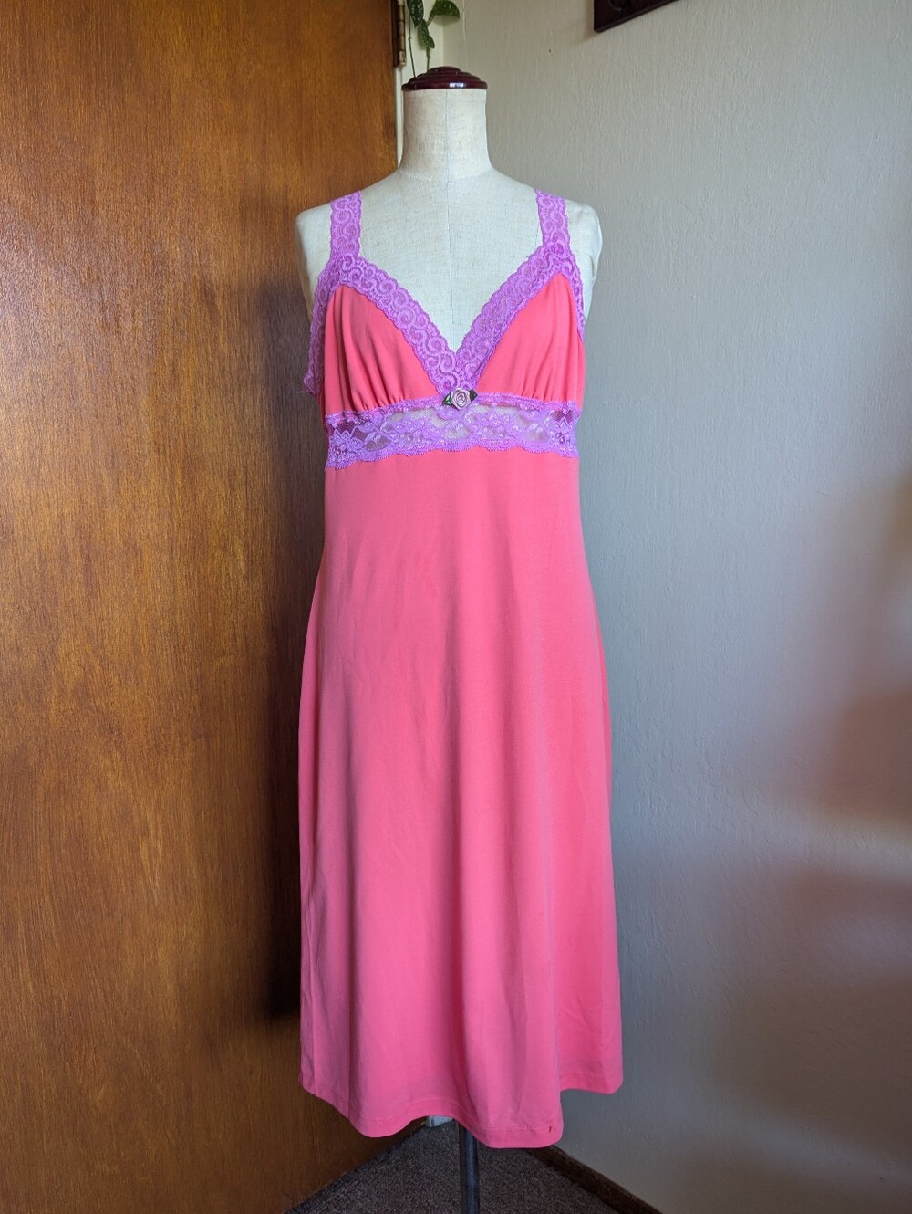 Vintage Betsey Johnson Dress Pink Lace Slip  Flower Purple Midi Size Large Y2K